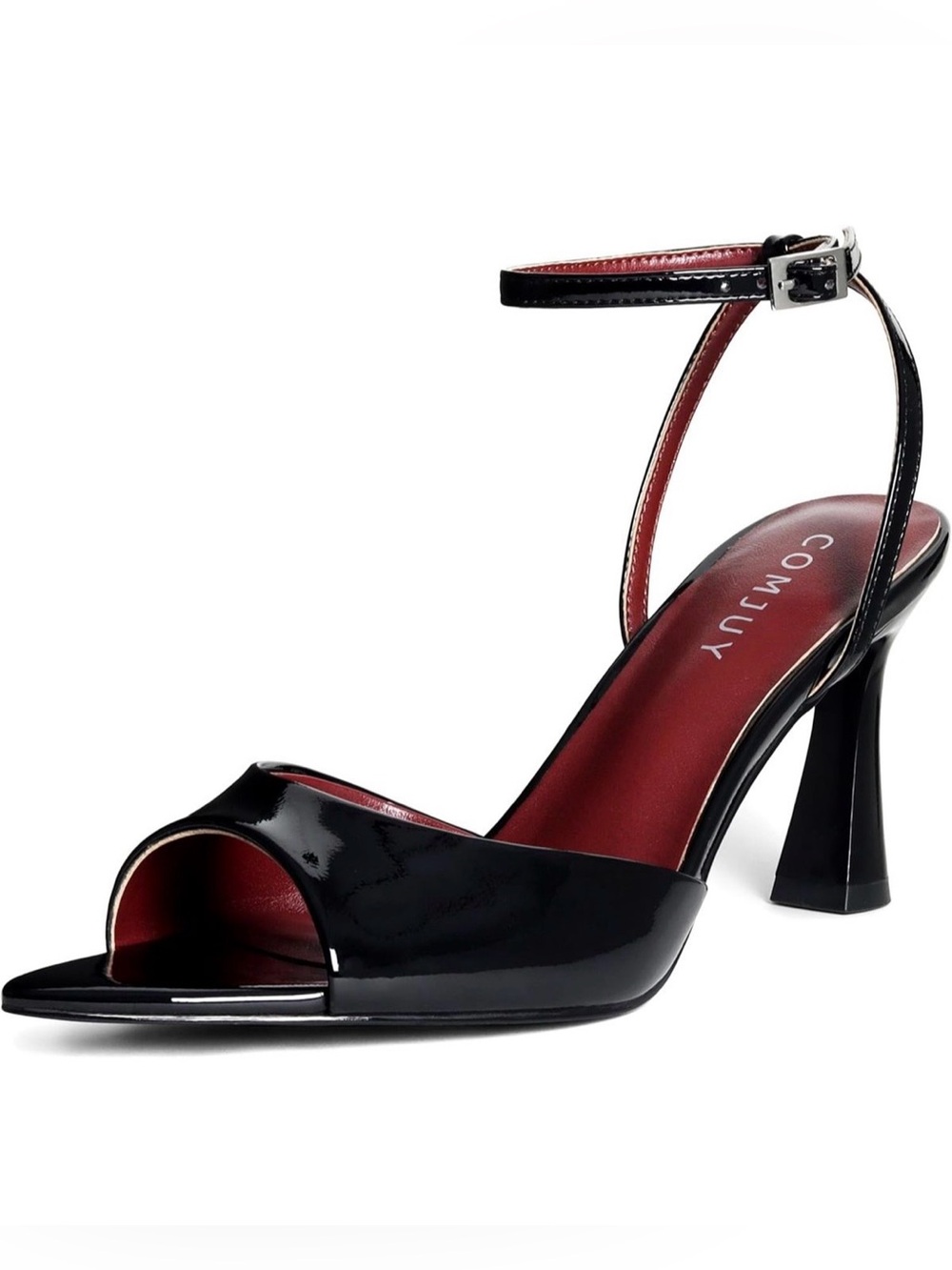 Comjuy Women’s Black Patent Ankle-Strap Peep-Toe Heels - US Size 9.5